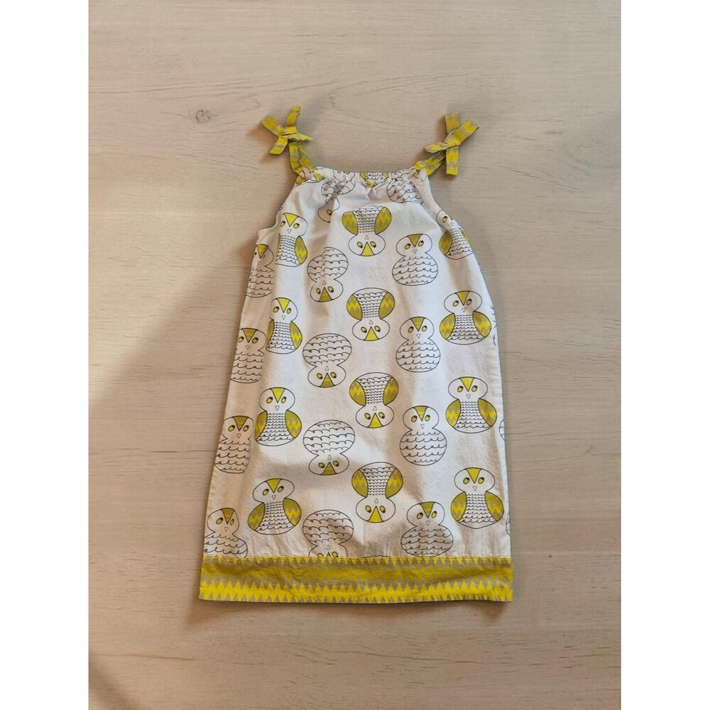 Girls White & Yellow Owl Print Tie-Strap Casual Dress